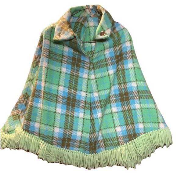 Vintage Green Plaid Fringe Polyester Cape Poncho Shawl Wool Knit Handmade 70s - Picture 1 of 14